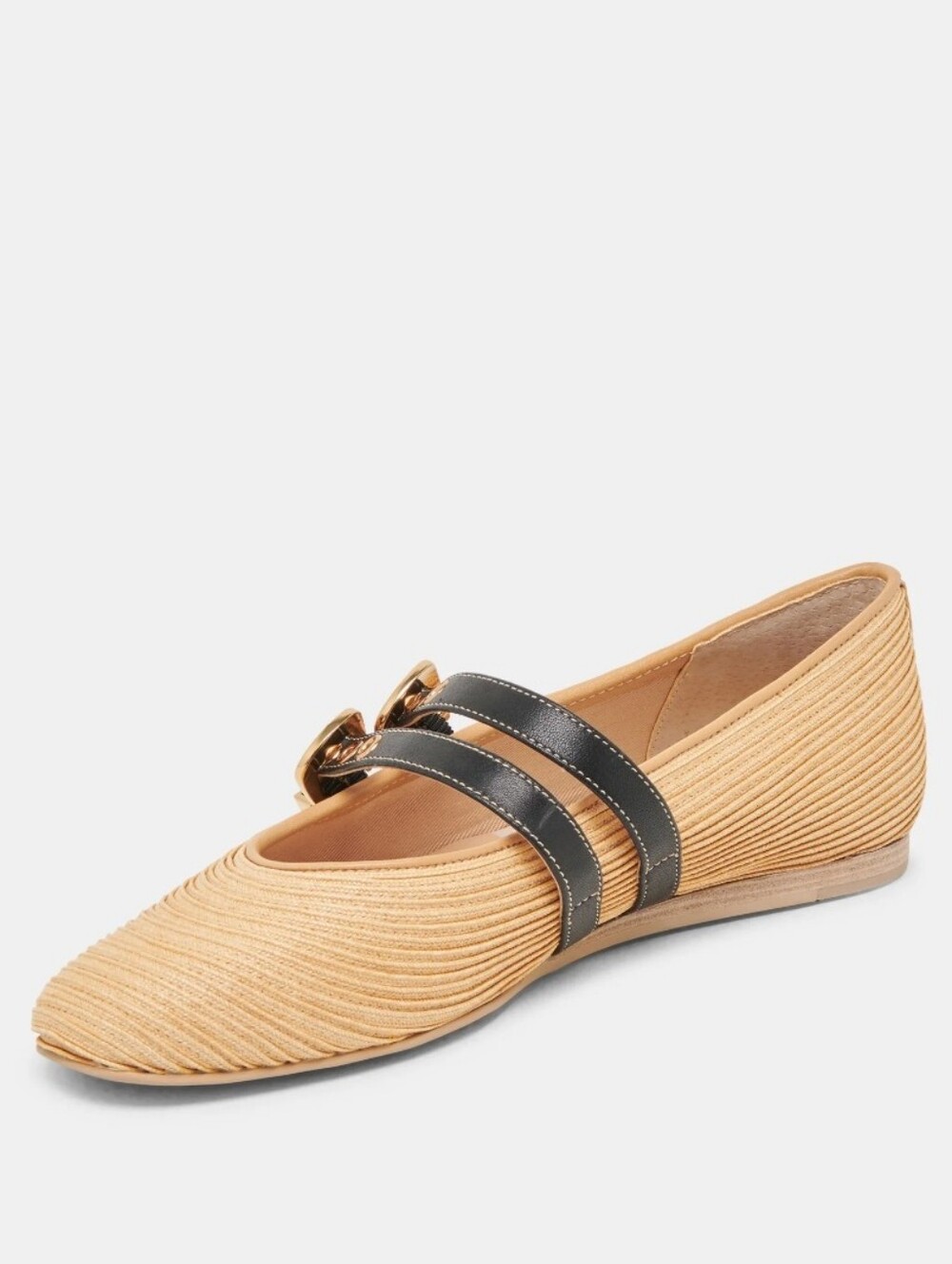 Dolce Vita Tan Raffia Pointed-Toe Flats with Black Strap Accent